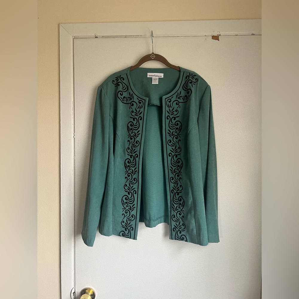 Serengeti Green Embroidered Open Front Blazer Size Large Career Work Wear Office